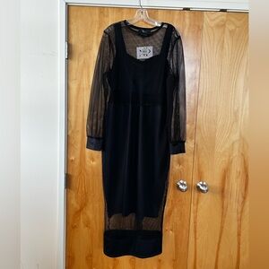 Mesh Overlay Long Sleeve Midi Dress - Black